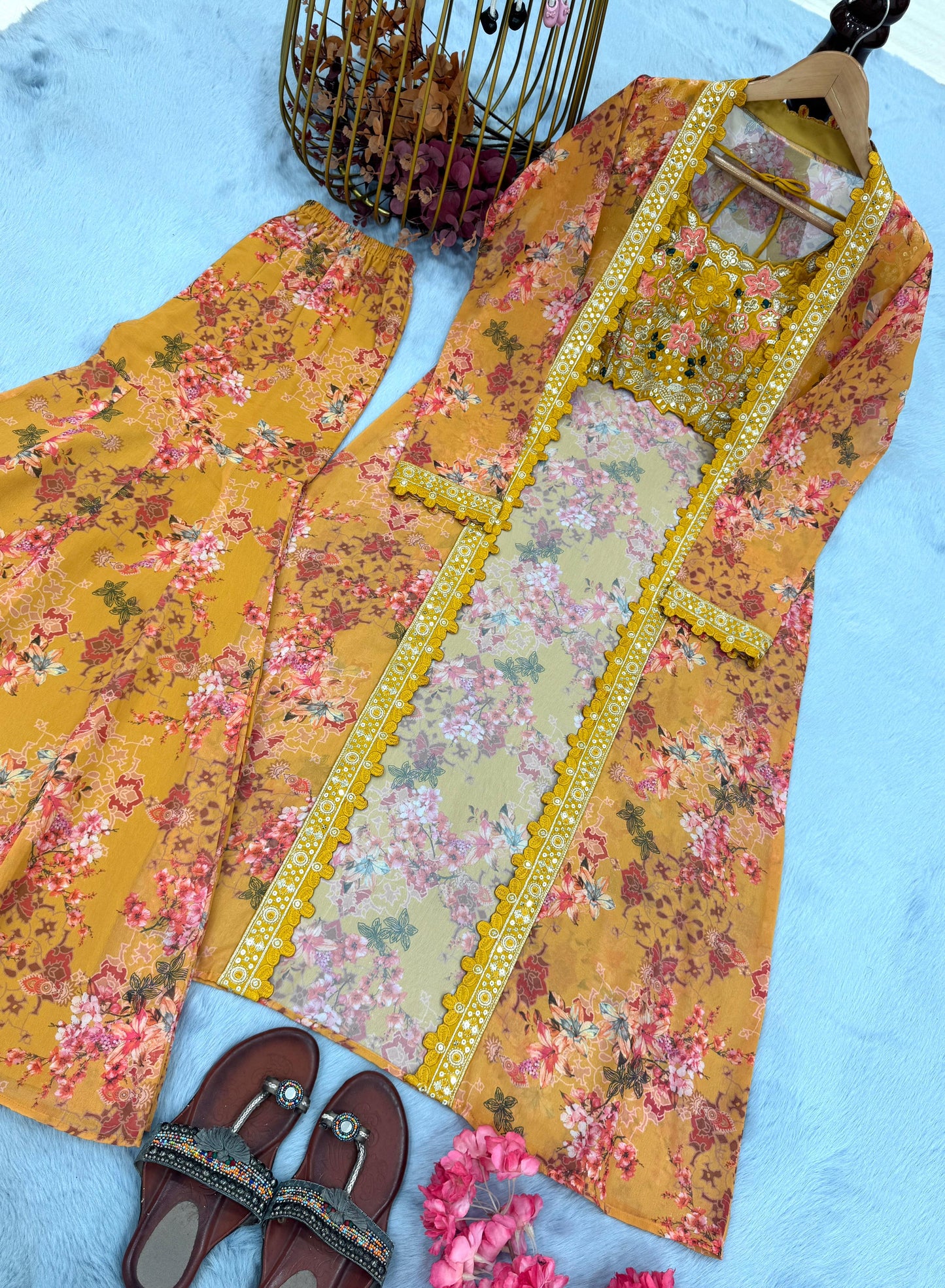 Bollywood Indo Western Floral Koti Sharara Plazzo & Embroidered Satin Silk Blouse Set – Premium Party Wear