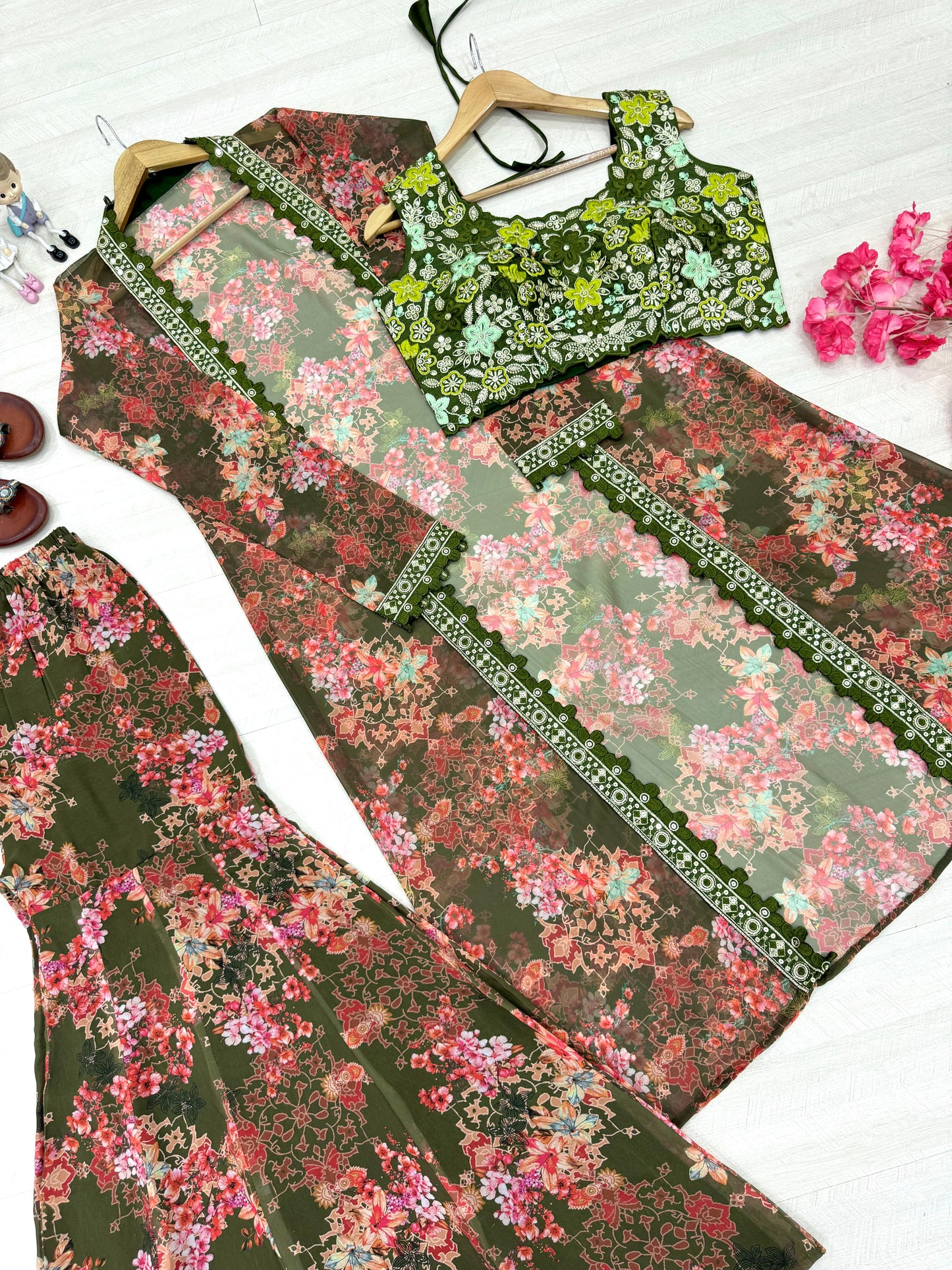 Bollywood Indo Western Floral Koti Sharara Plazzo & Embroidered Satin Silk Blouse Set – Premium Party Wear
