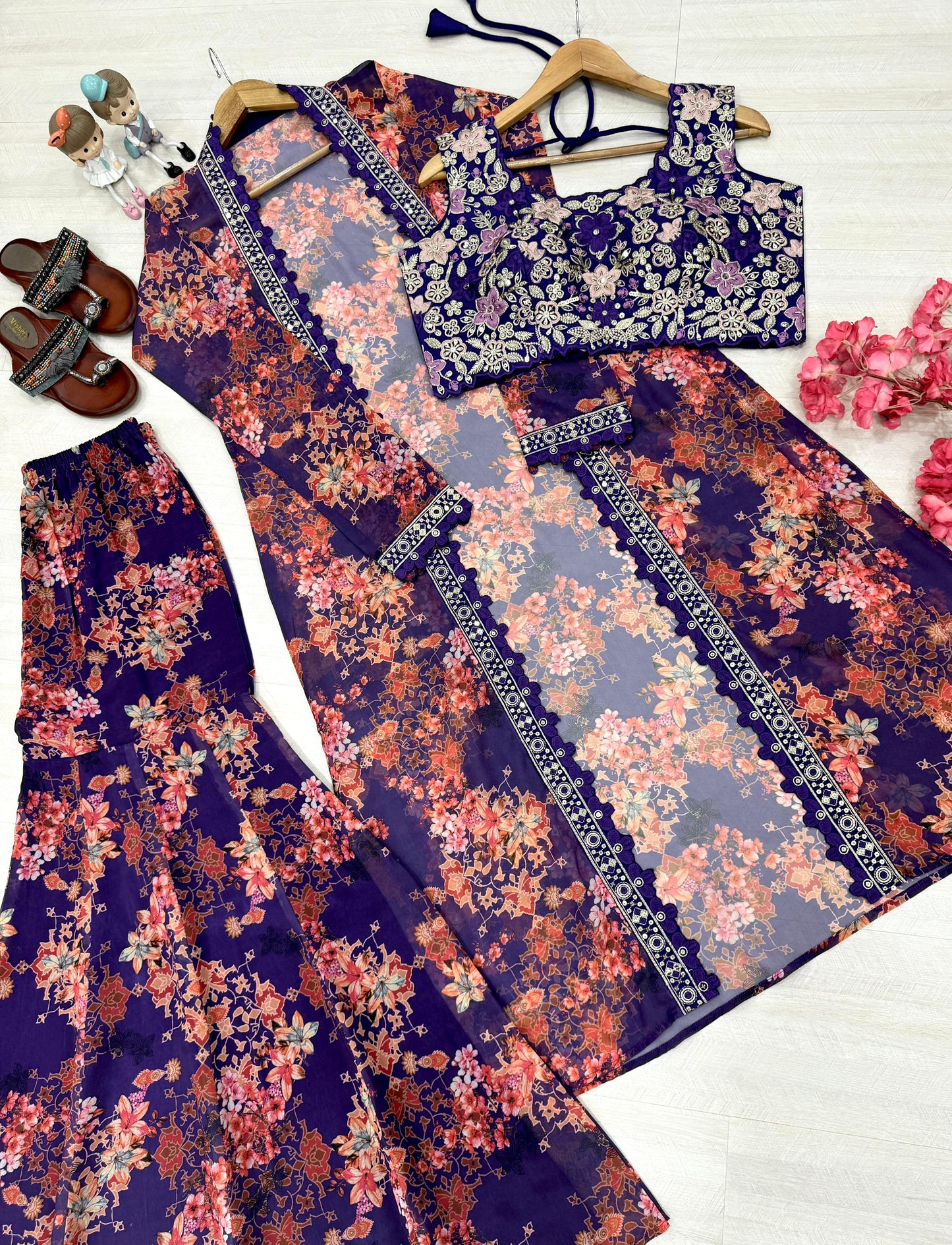 Bollywood Indo Western Floral Koti Sharara Plazzo & Embroidered Satin Silk Blouse Set – Premium Party Wear