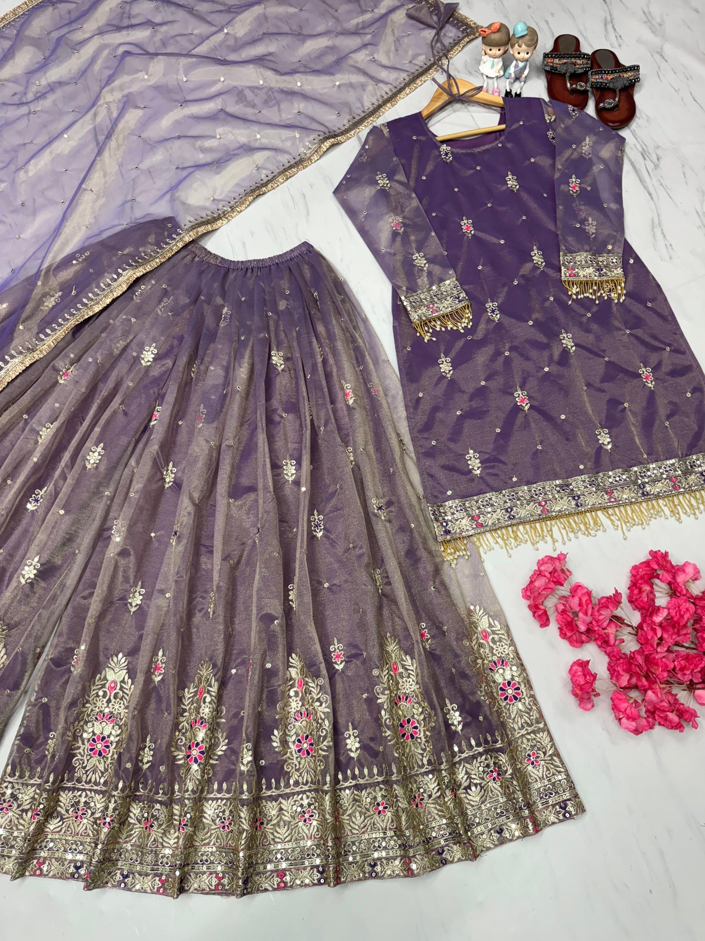 Designer Party Wear Gold Net Embroidered Top, Plazzo & Dupatta Set | Premium Wedding & Festive Outfit