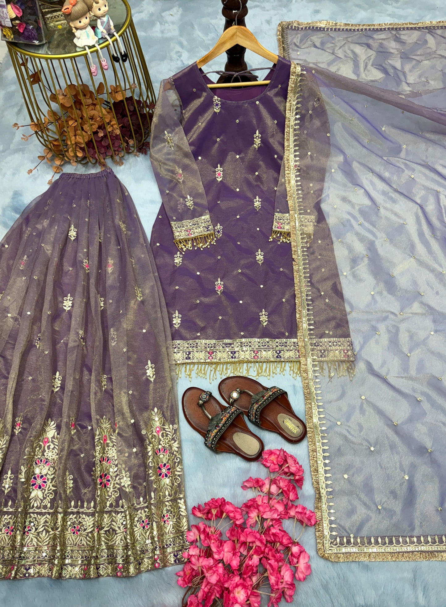Designer Party Wear Gold Net Embroidered Top, Plazzo & Dupatta Set | Premium Wedding & Festive Outfit