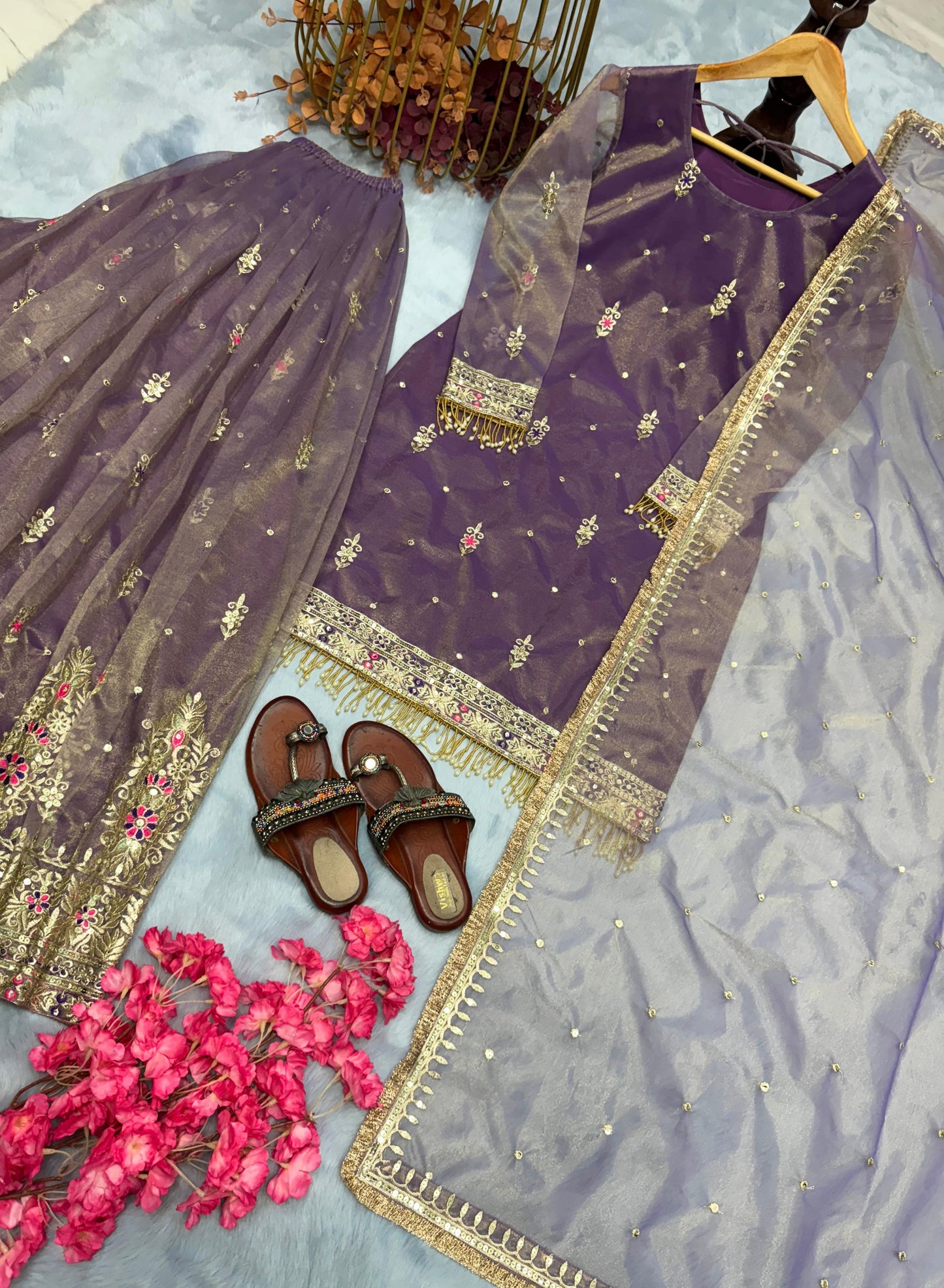 Designer Party Wear Gold Net Embroidered Top, Plazzo & Dupatta Set | Premium Wedding & Festive Outfit