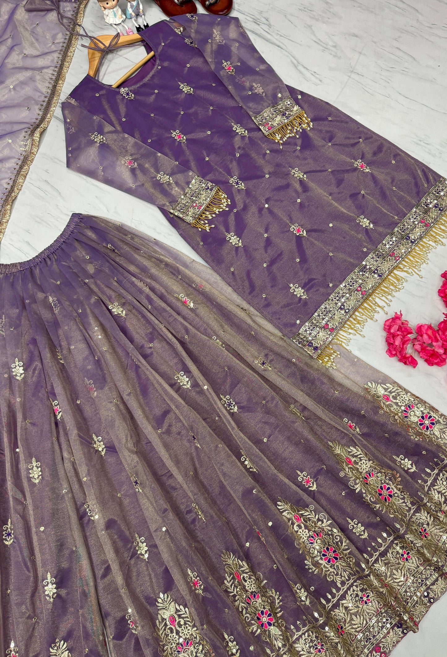 Designer Party Wear Gold Net Embroidered Top, Plazzo & Dupatta Set | Premium Wedding & Festive Outfit