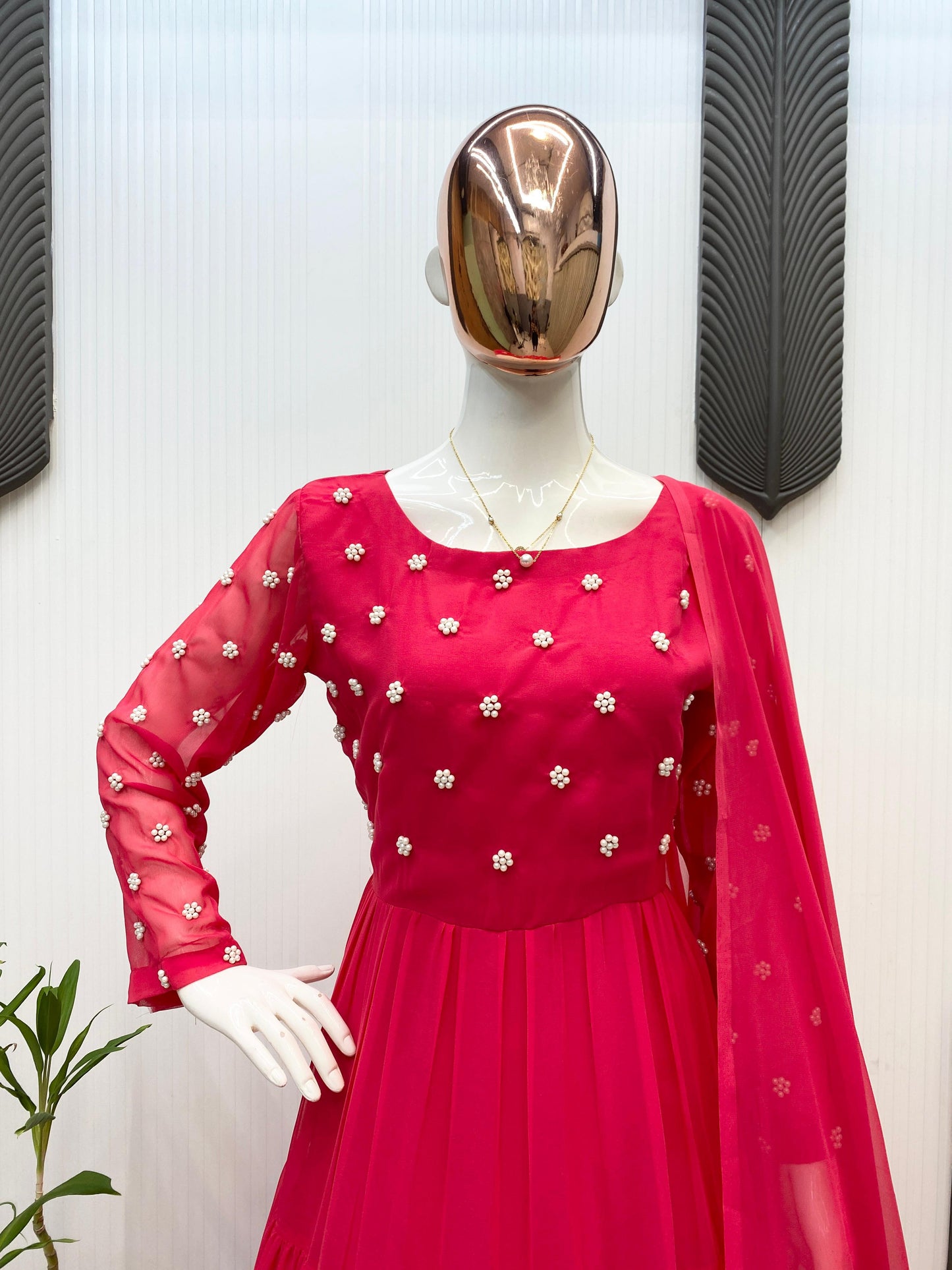 Exclusive Hot Pink Georgette Gown with Dupatta – Bead Work | Floor Length |