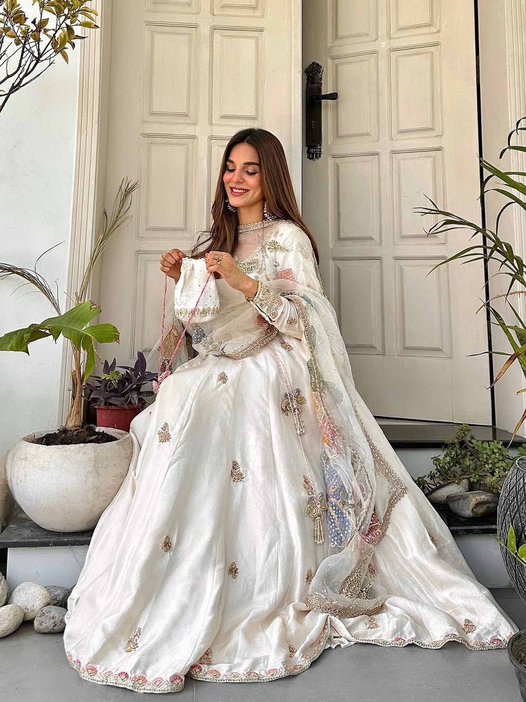 Exclusive Designer Chinon Sequence Embroidered 3 Piece Gown Set with Plazzo & Dupatta