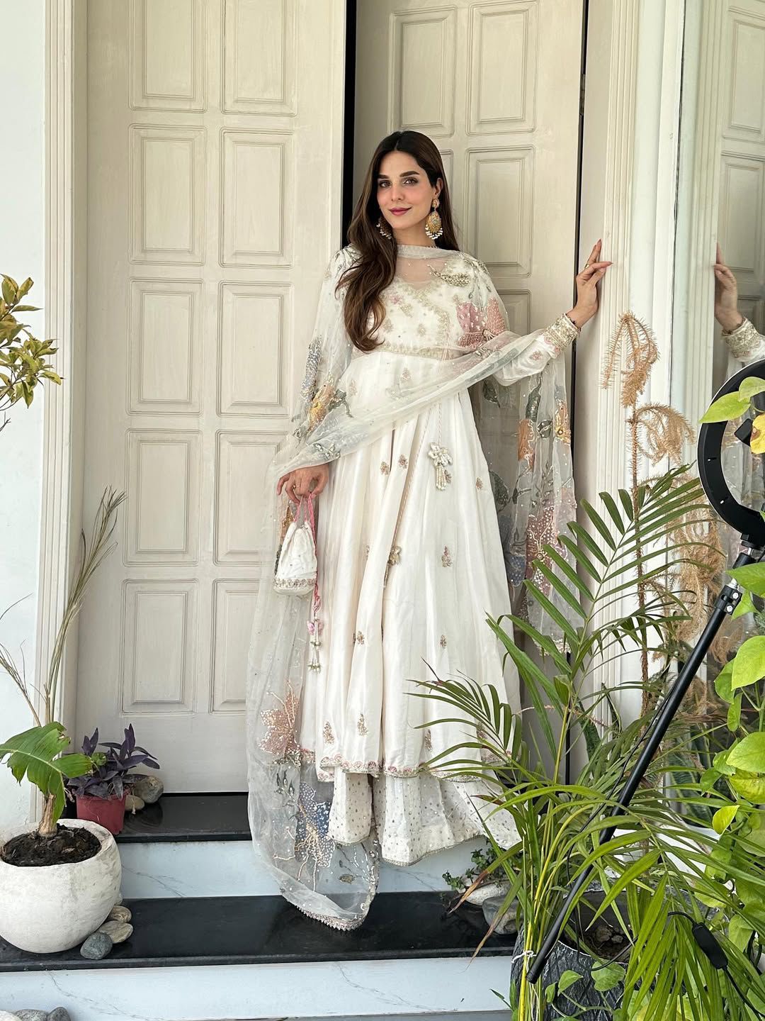 Exclusive Designer Chinon Sequence Embroidered 3 Piece Gown Set with Plazzo & Dupatta