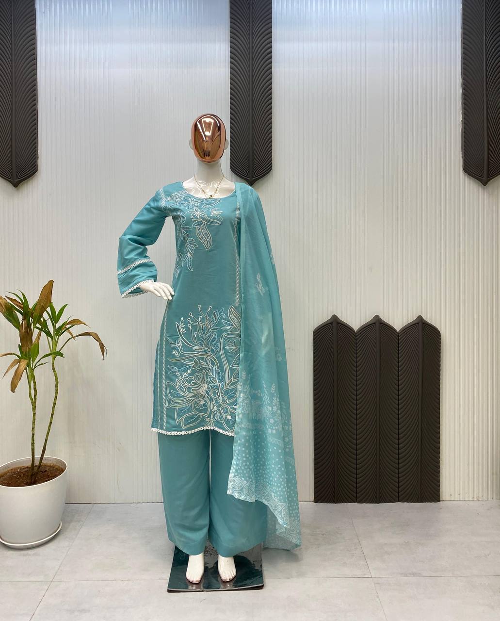 Designer Roman Silk Suit with Sequence Embroidery | Top, Palazzo & Dupatta Set