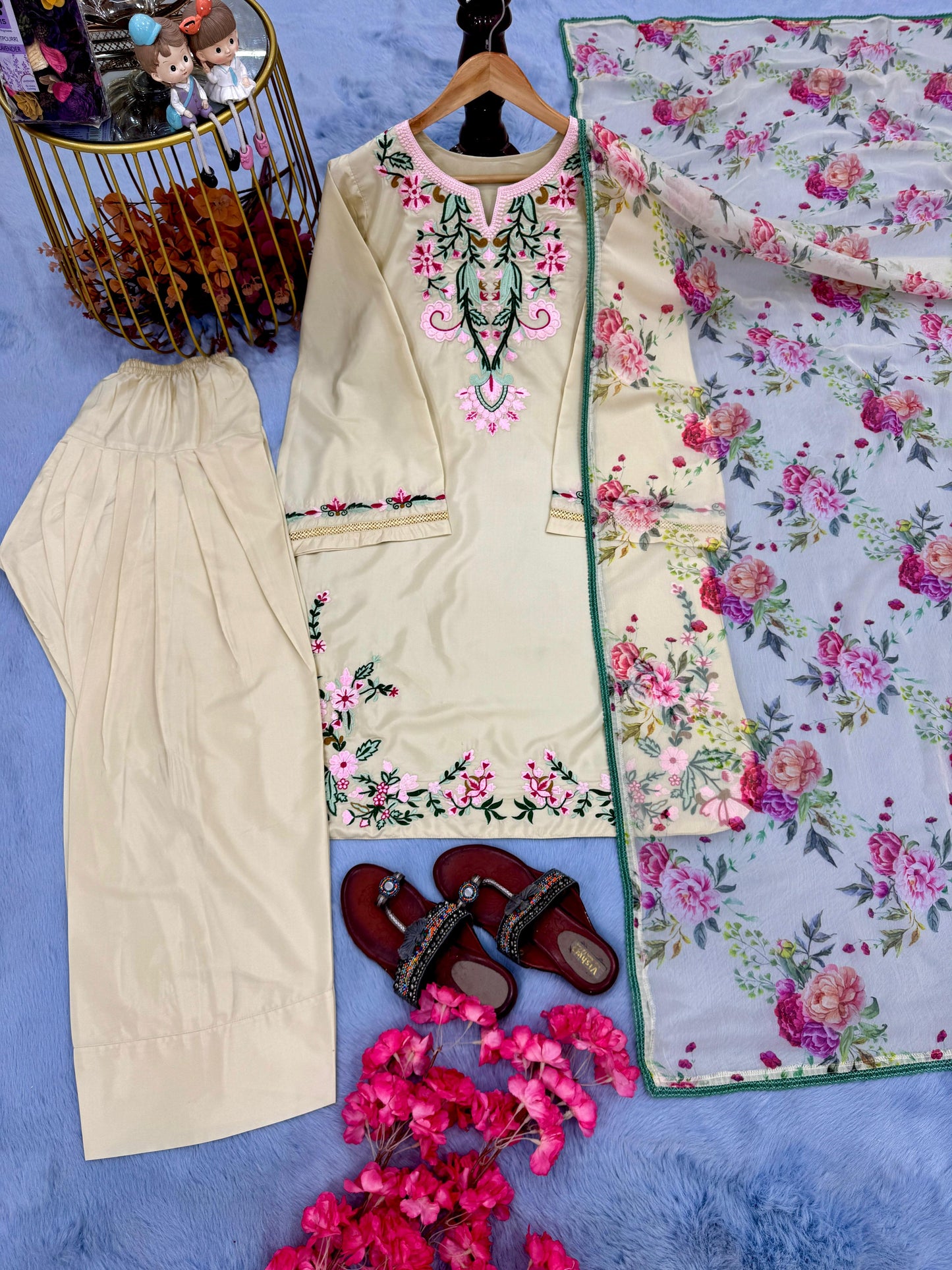 Premium Designer Party Wear Crepe Top & Farshi Palazzo Set with Printed Dupatta