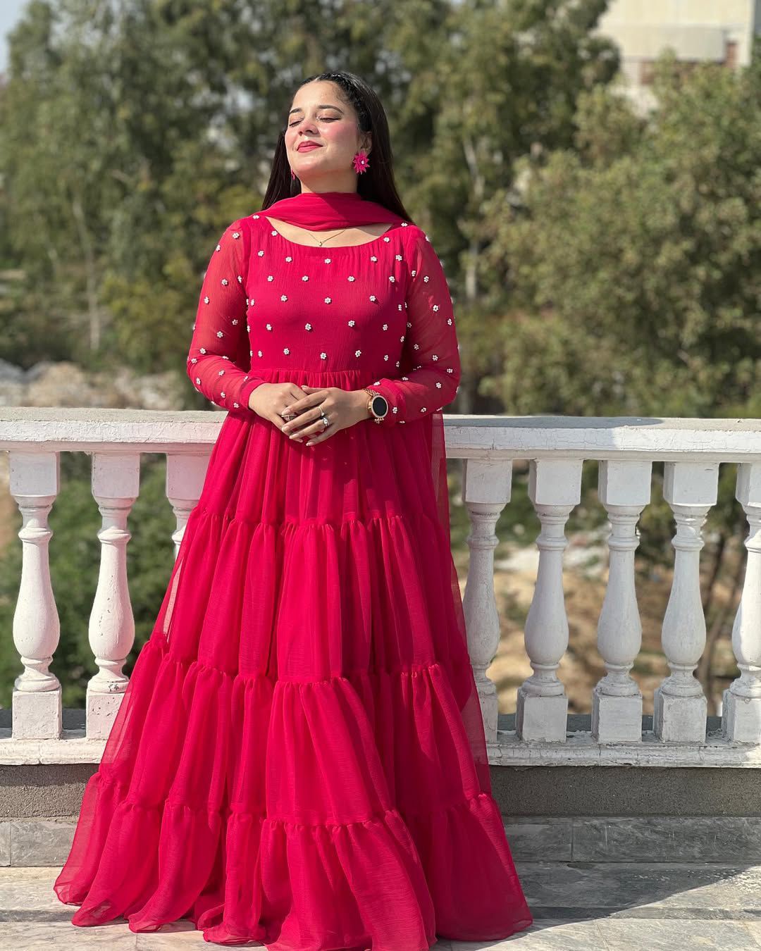 Exclusive Hot Pink Georgette Gown with Dupatta – Bead Work | Floor Length |