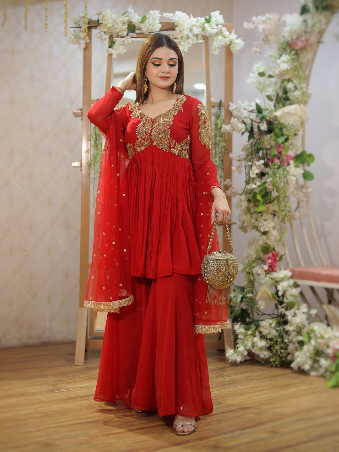 ✨ Karvachauth Special Red Georgette Plazzo Suit Set with Dupatta |