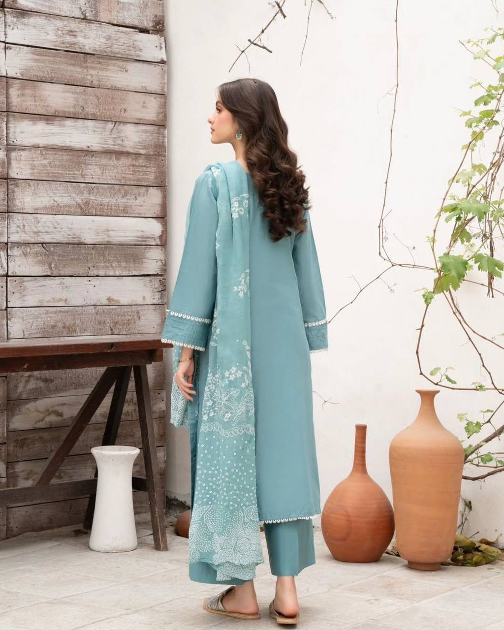 Designer Roman Silk Suit with Sequence Embroidery | Top, Palazzo & Dupatta Set