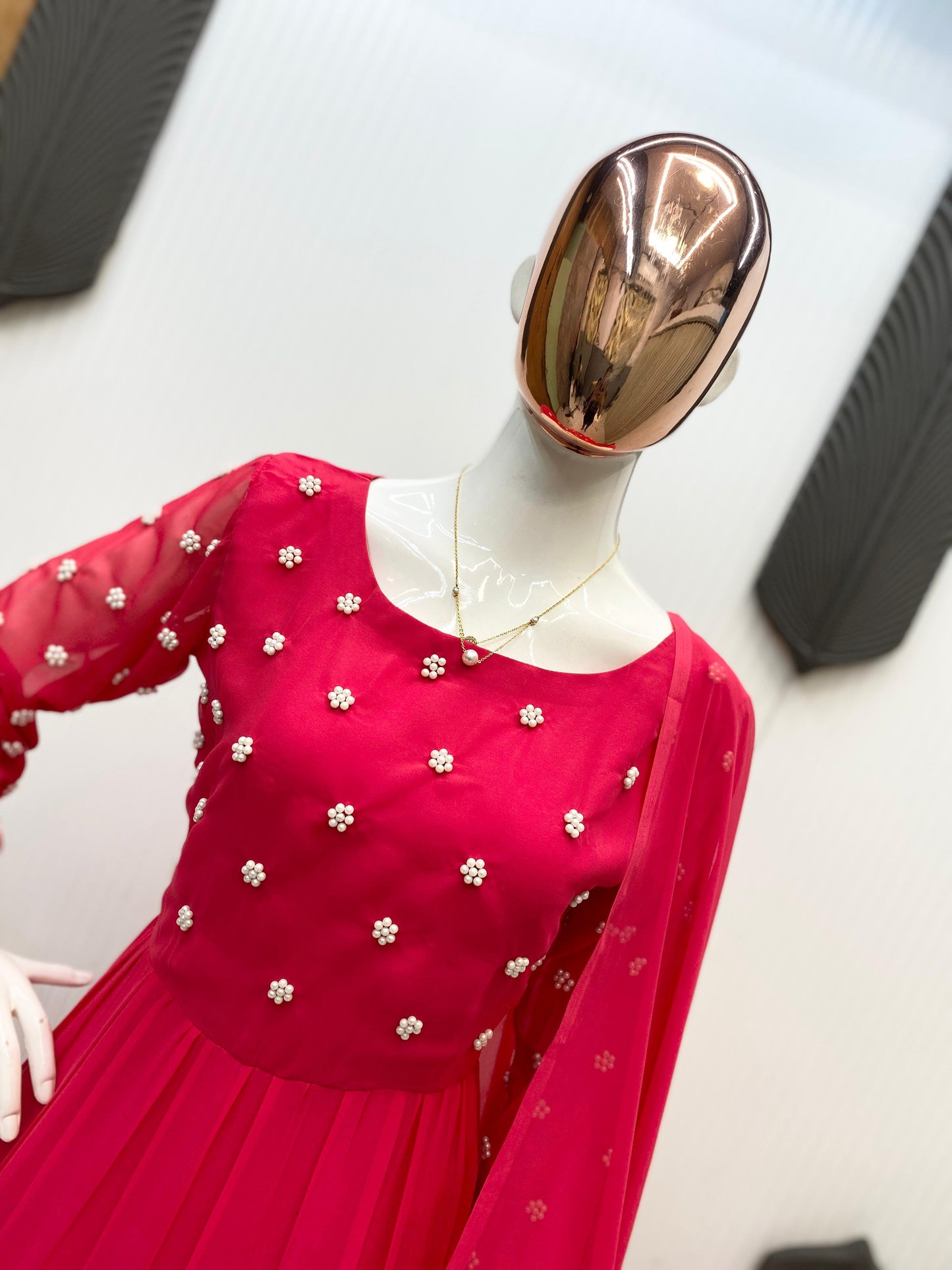 Exclusive Hot Pink Georgette Gown with Dupatta – Bead Work | Floor Length |