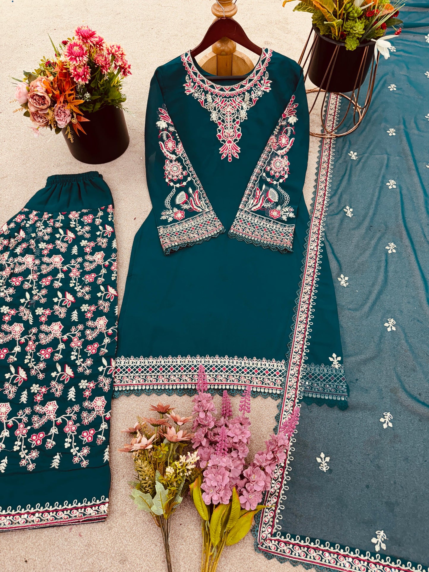 ✨ Designer Georgette Embroidered Top-Dhoti & Dupatta Set ✨
