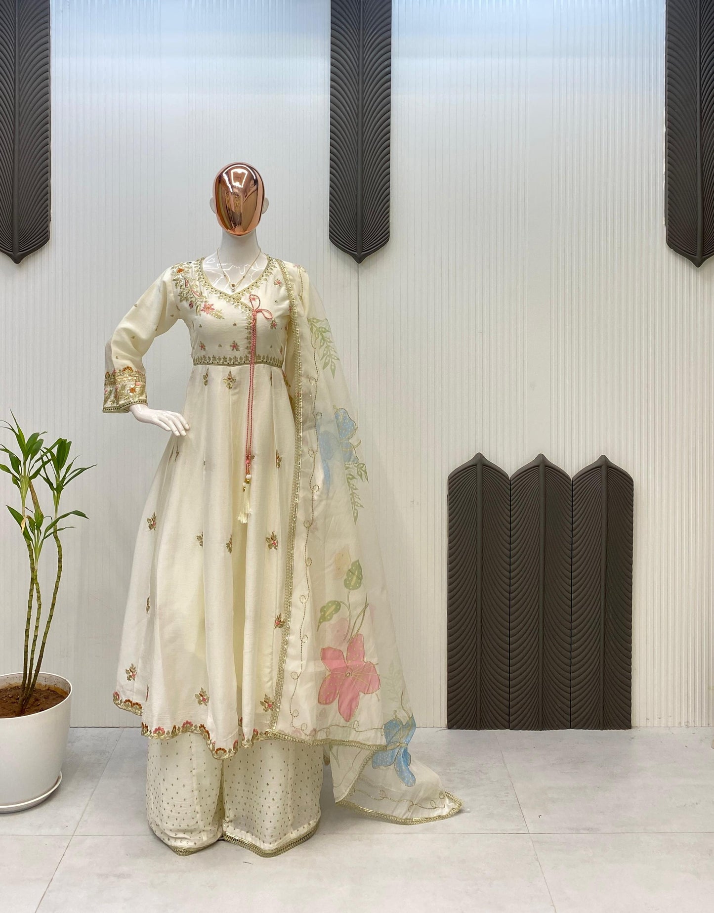 Exclusive Designer Chinon Sequence Embroidered 3 Piece Gown Set with Plazzo & Dupatta