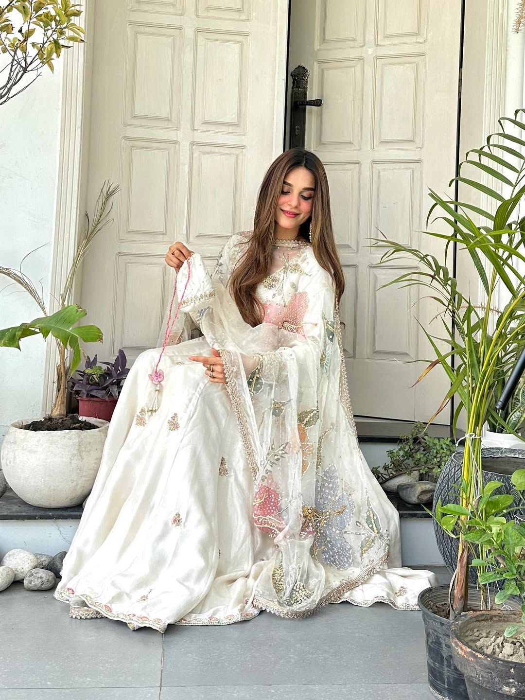 Exclusive Designer Chinon Sequence Embroidered 3 Piece Gown Set with Plazzo & Dupatta