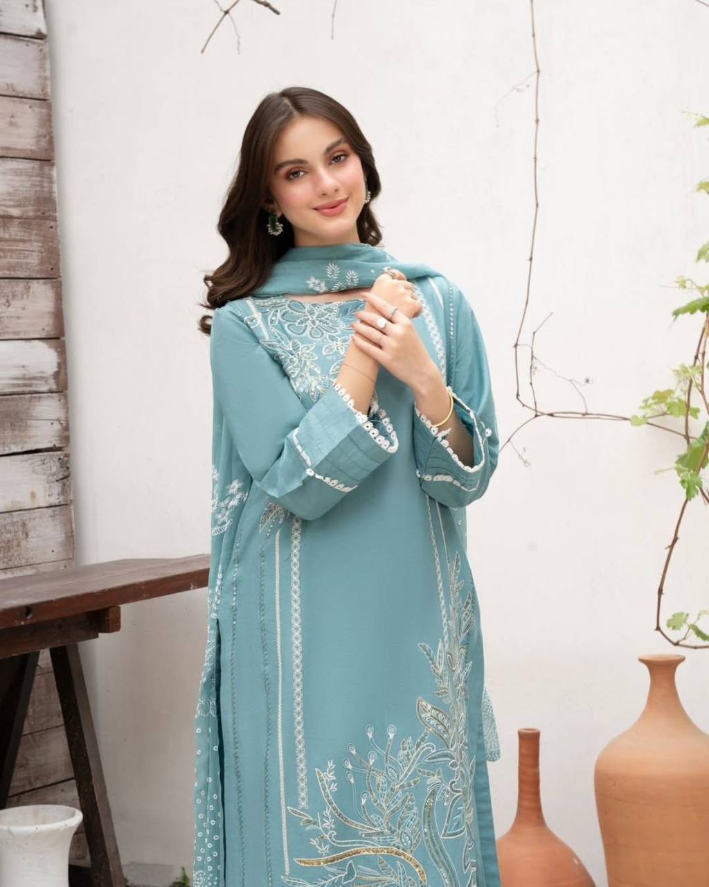 Designer Roman Silk Suit with Sequence Embroidery | Top, Palazzo & Dupatta Set