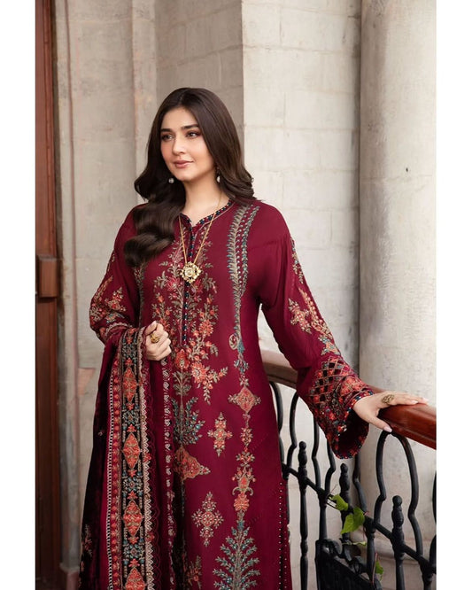 ✨ Designer Embroidered Roman Silk Suit with Pant & Dupatta