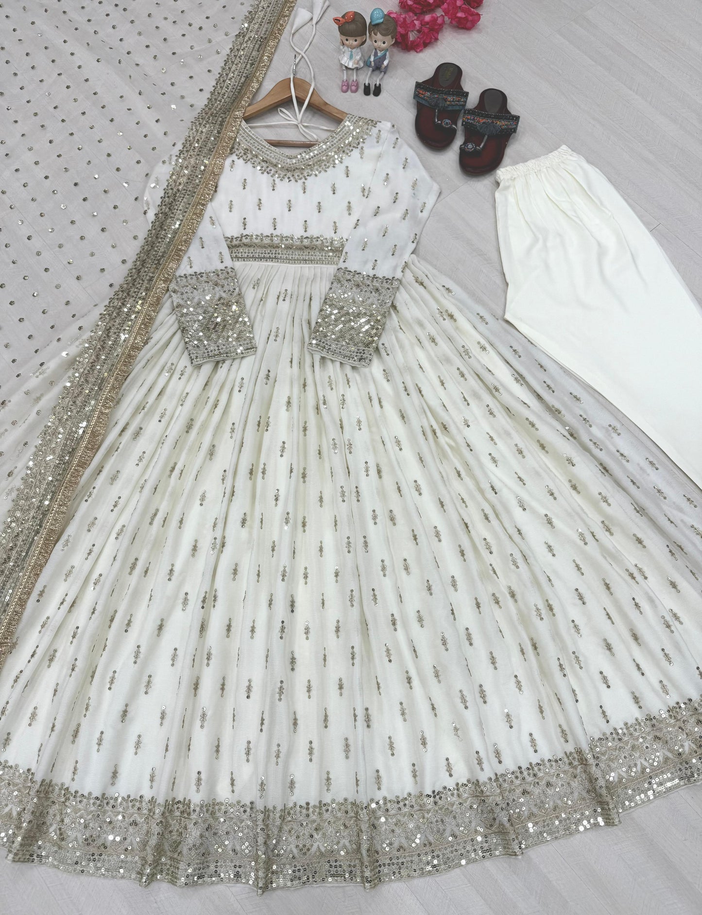 ✨ Premium Party Wear Pur Chinon Silk Embroidered Gown Set with Dupatta & Bottom
