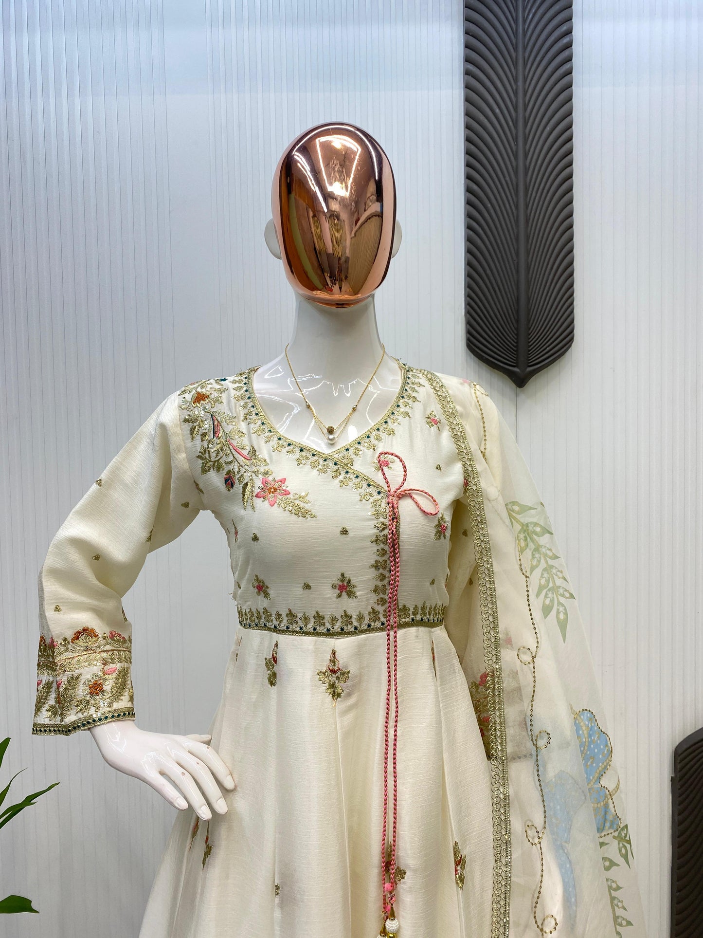 Exclusive Designer Chinon Sequence Embroidered 3 Piece Gown Set with Plazzo & Dupatta