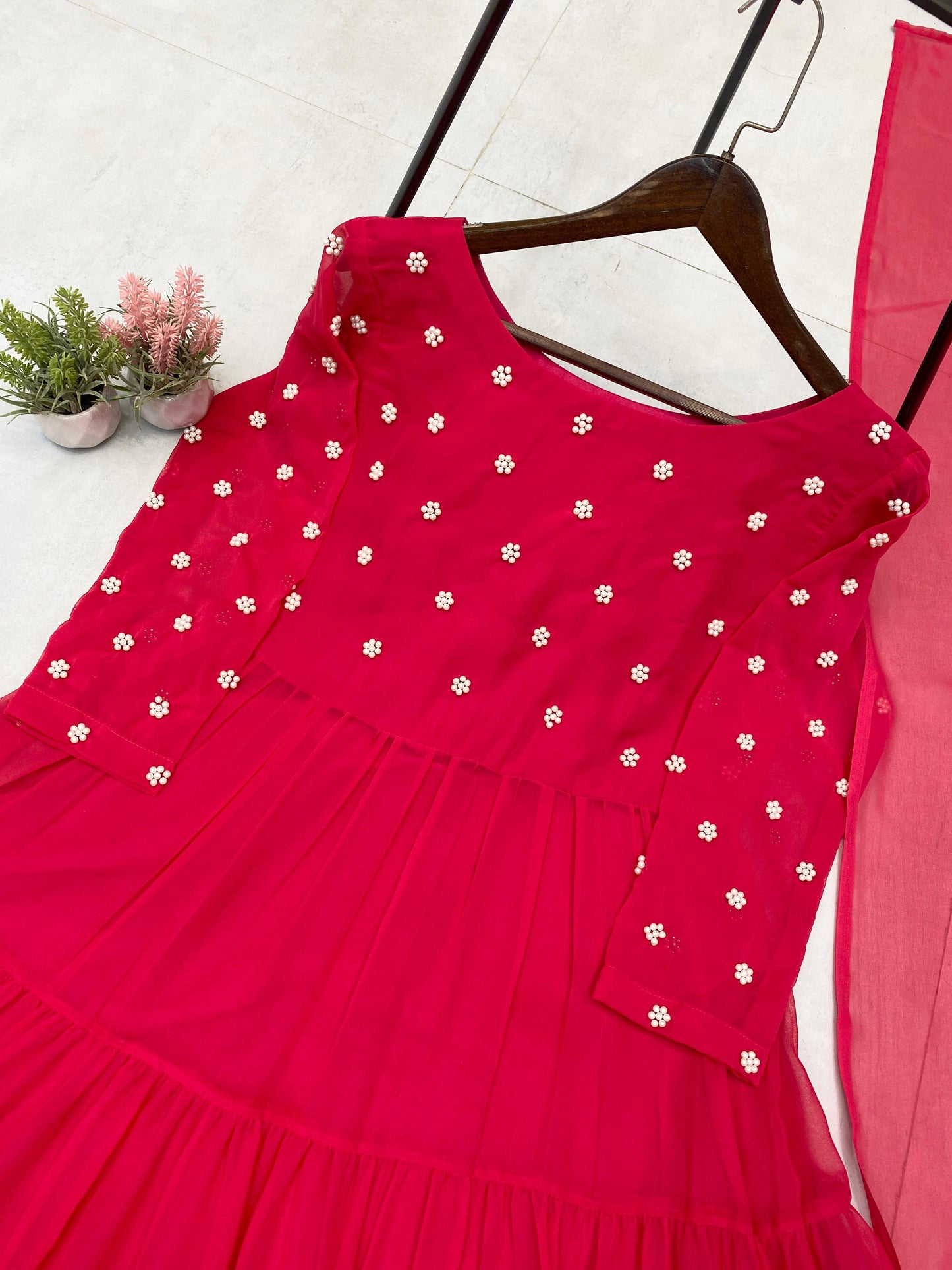 Exclusive Hot Pink Georgette Gown with Dupatta – Bead Work | Floor Length |