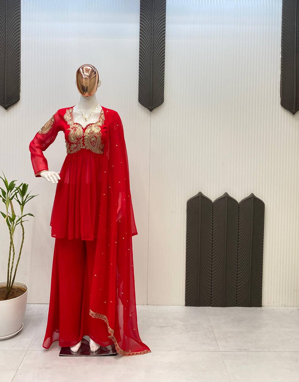 ✨ Karvachauth Special Red Georgette Plazzo Suit Set with Dupatta |