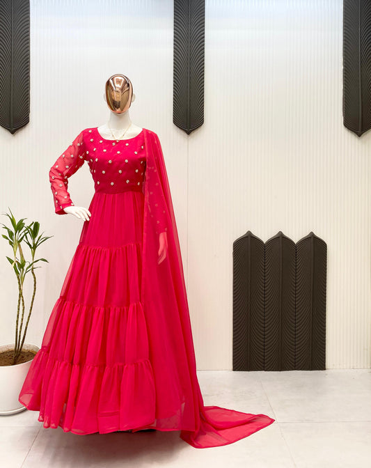 Exclusive Hot Pink Georgette Gown with Dupatta – Bead Work | Floor Length |