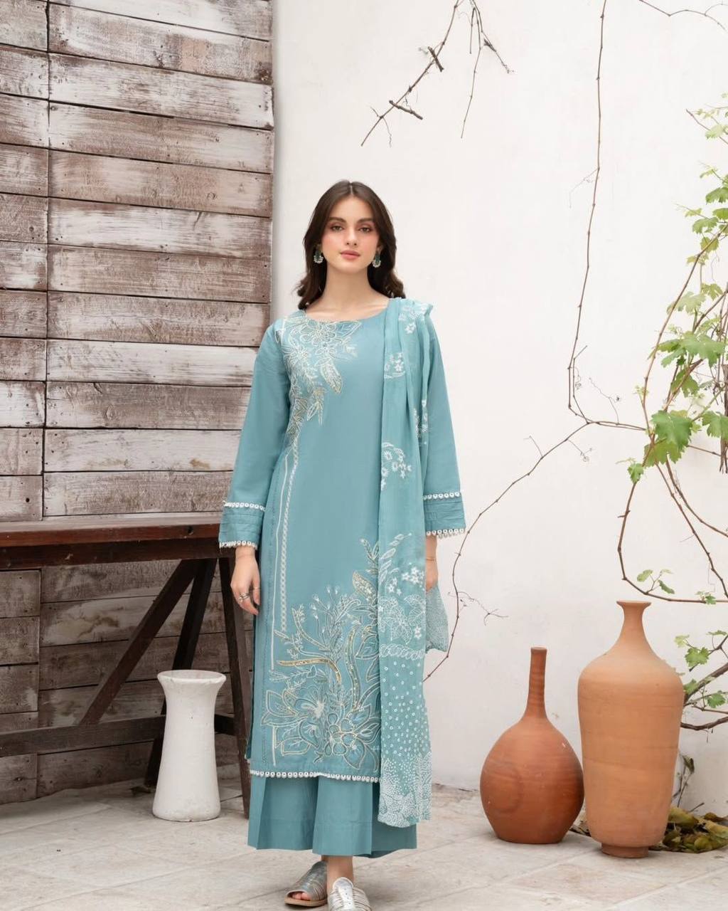 Designer Roman Silk Suit with Sequence Embroidery | Top, Palazzo & Dupatta Set