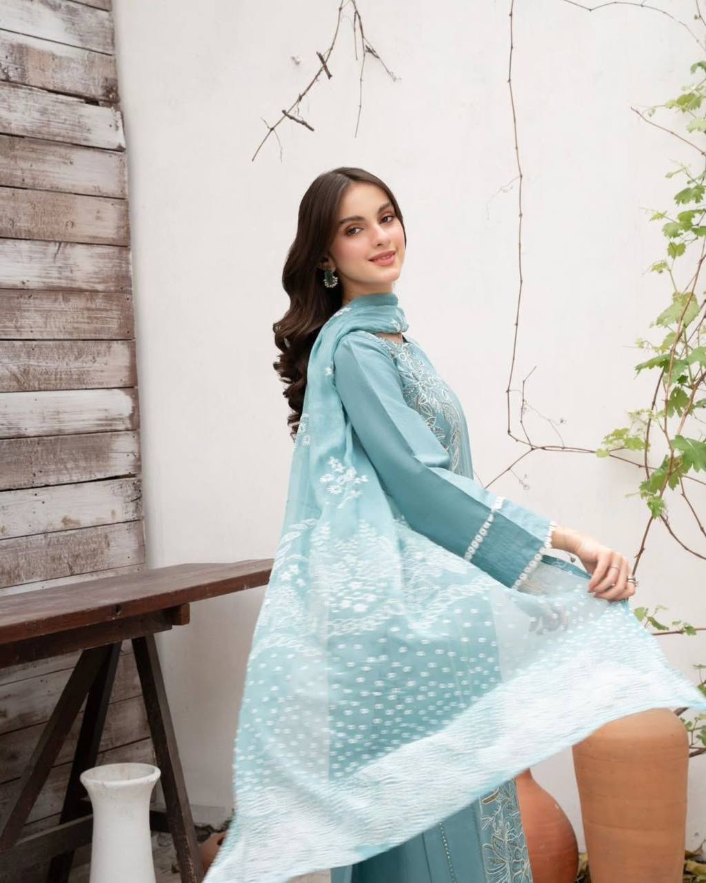 Designer Roman Silk Suit with Sequence Embroidery | Top, Palazzo & Dupatta Set