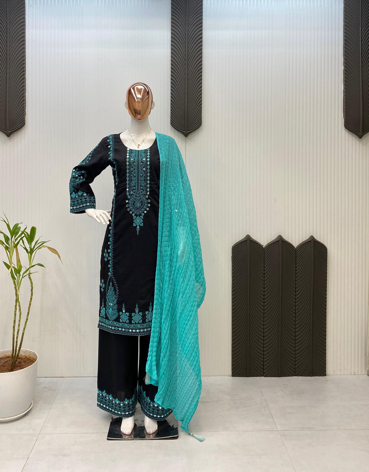 Exclusive Black Roman Silk Palazzo Set with Embroidery & Mirror Work – 3 Piece Suit with Dupatta✨