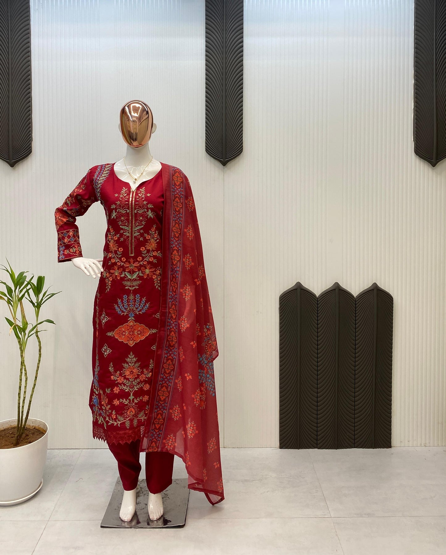 ✨ Designer Embroidered Roman Silk Suit with Pant & Dupatta