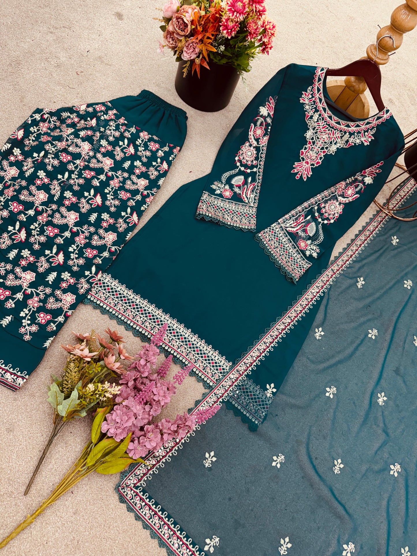 ✨ Designer Georgette Embroidered Top-Dhoti & Dupatta Set ✨