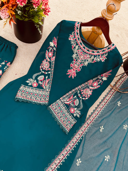 ✨ Designer Georgette Embroidered Top-Dhoti & Dupatta Set ✨