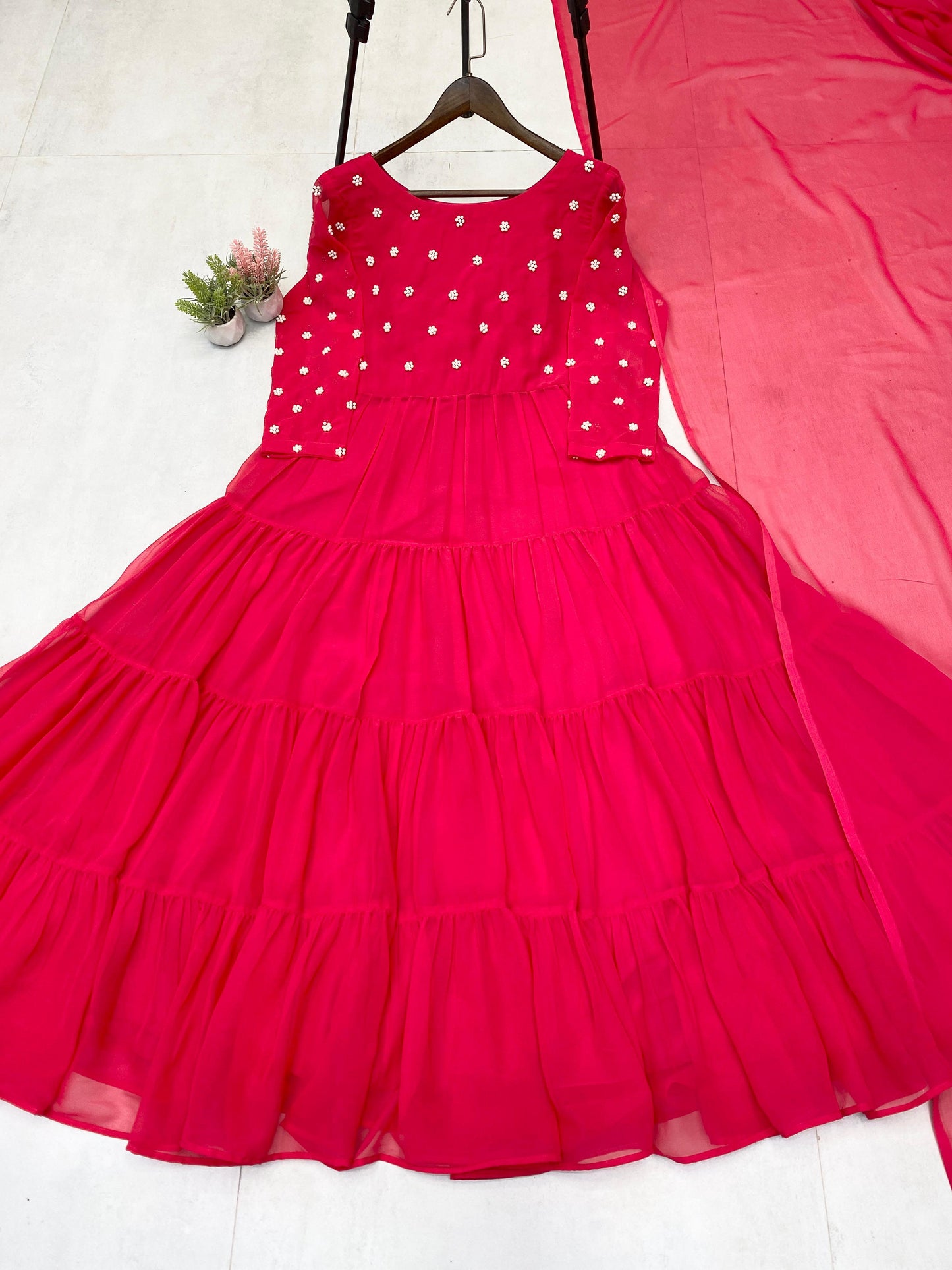 Exclusive Hot Pink Georgette Gown with Dupatta – Bead Work | Floor Length |