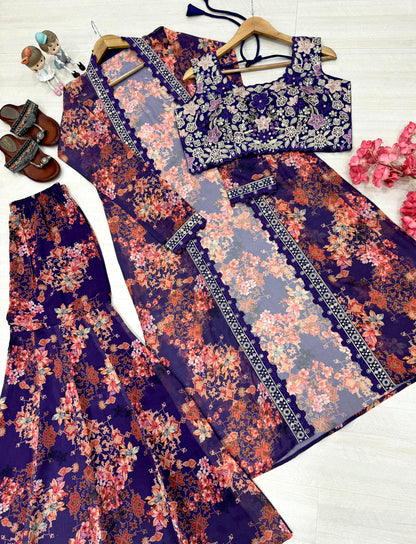 Bollywood Indo Western Floral Koti Sharara Plazzo & Embroidered Satin Silk Blouse Set – Premium Party Wear