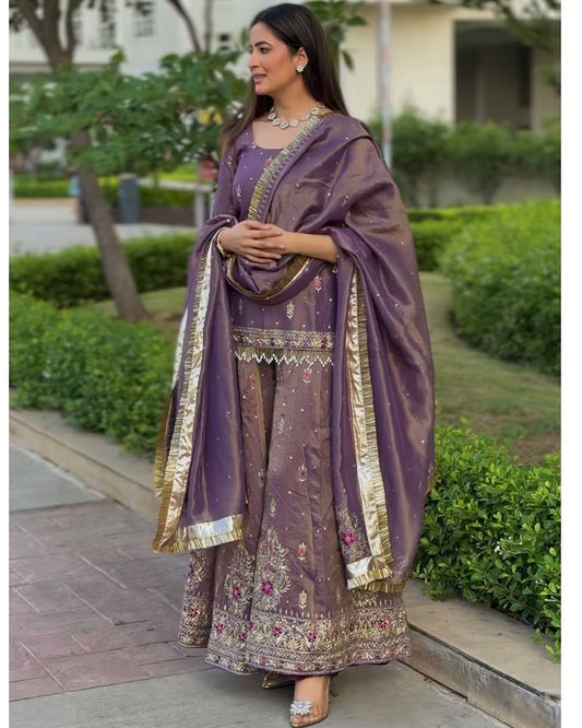 Designer Party Wear Gold Net Embroidered Top, Plazzo & Dupatta Set | Premium Wedding & Festive Outfit