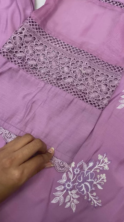 Designer Roman Silk Suit with Silver Chiffon Dupatta