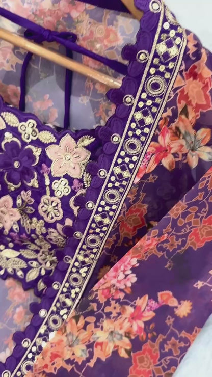 Bollywood Indo Western Floral Koti Sharara Plazzo & Embroidered Satin Silk Blouse Set – Premium Party Wear