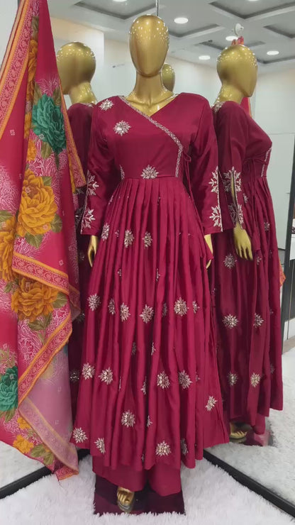 Designer Chinnon Embroidered Gown Plazzo Dupatta Set