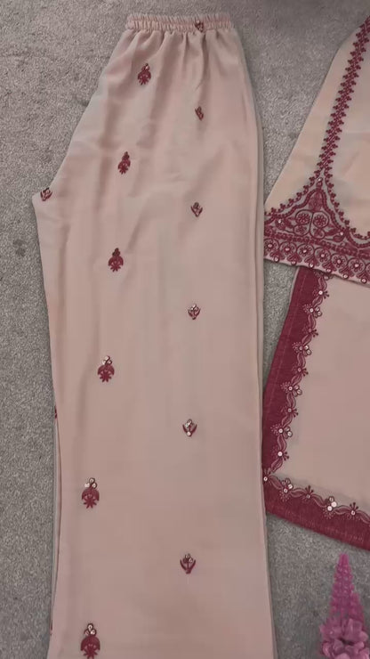 Faux Georgette Embroidered Kurti Farshi Dupatta Set