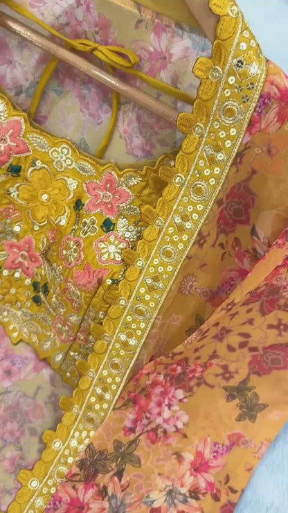 Bollywood Indo Western Floral Koti Sharara Plazzo & Embroidered Satin Silk Blouse Set – Premium Party Wear