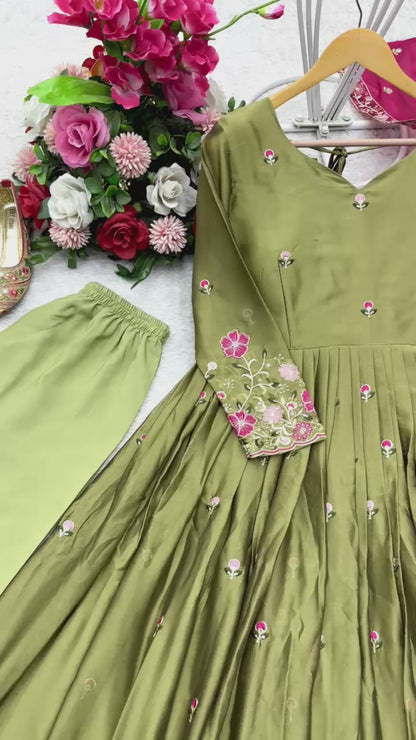 Pure Rangoli Silk Embroidered Gown-Pant-Dupatta Set