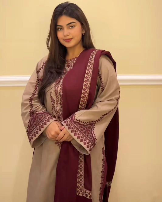 Faux Georgette Embroidered Kurti Farshi Dupatta Set
