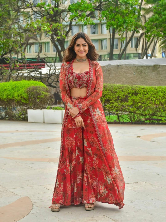 Bollywood Style Indo Western 3-Piece Koti, Sharara Plazzo & Embroidered Blouse Set.