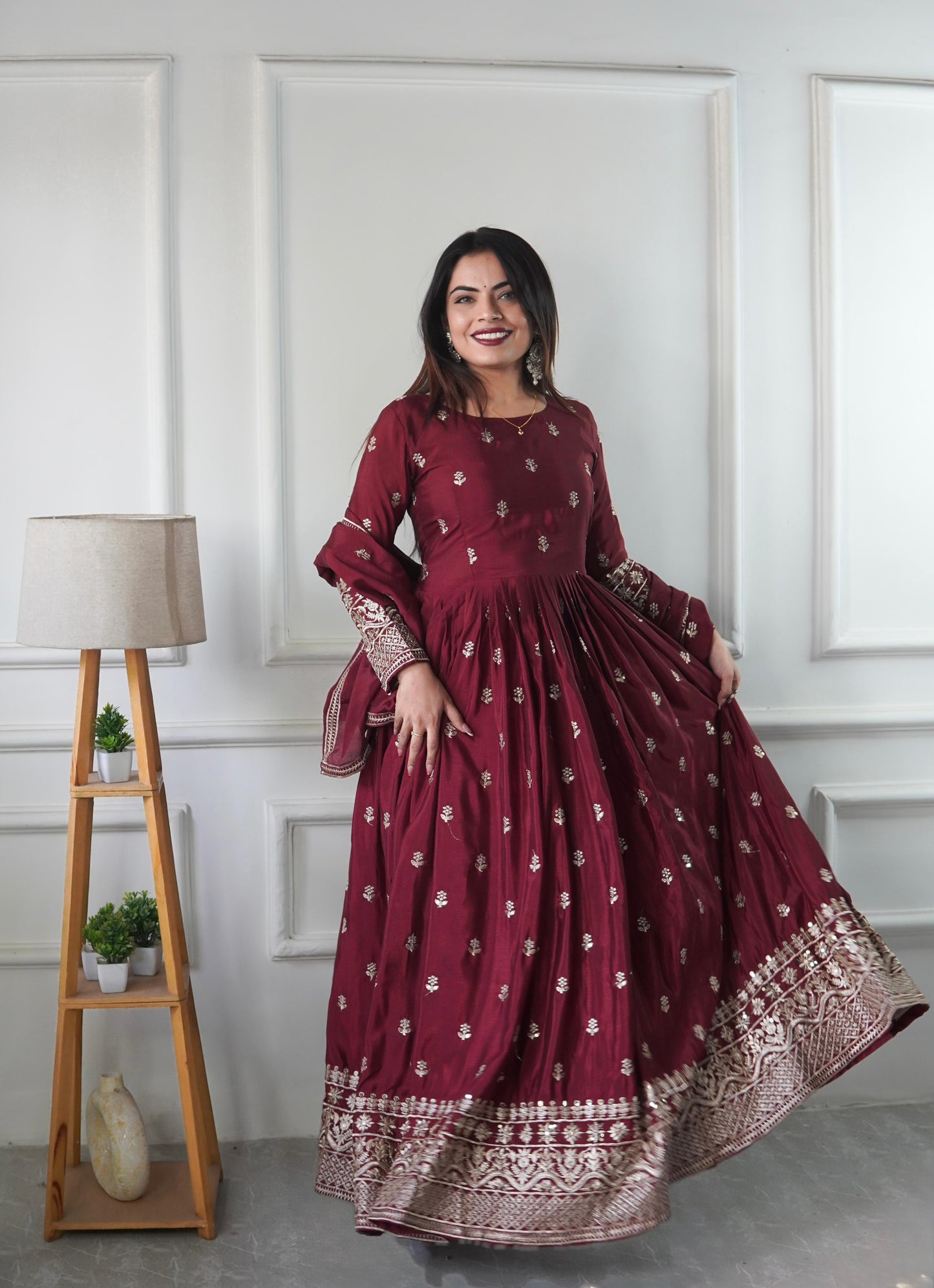 Heavy Pure Chinon Silk Embroidered Gown Set