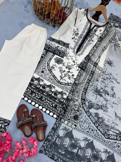 Printed Pure Malai Satin 3-Piece Co-Ord Set with Dupatta
