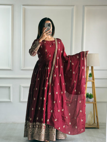 Heavy Pure Chinon Silk Embroidered Gown Set