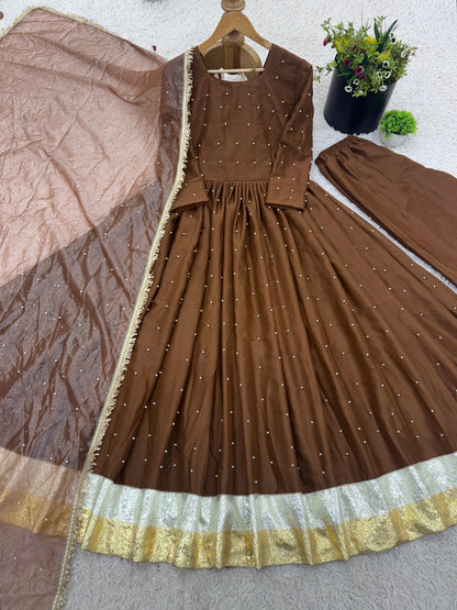 Designer Moti Work Gown Set with Dupatta – Ready to Wear