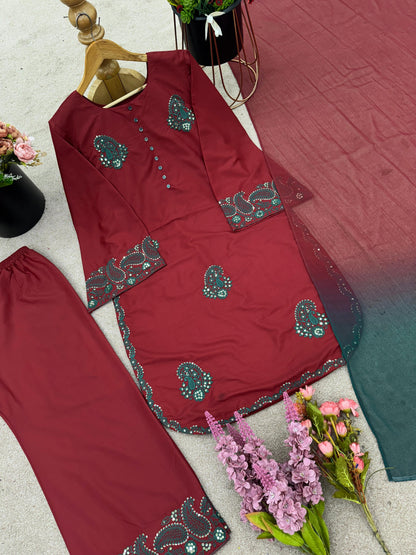 Premium French Crepe Silk Embroidered Suit Set