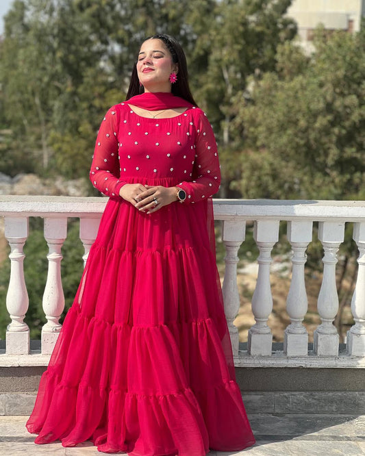 Exclusive Hot Pink Georgette Gown with Dupatta – Bead Work | Floor Length |