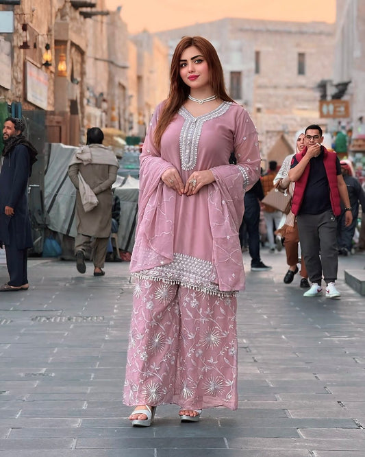 Elegant Embroidered Fox Georgette Kurti Plazzo & Dupatta Set